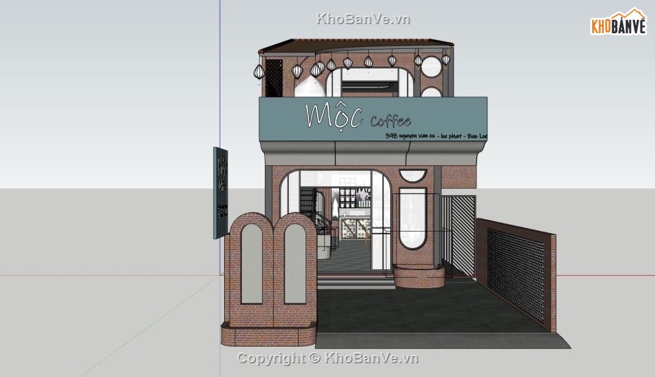 ngoại thất quán cà phê,phối cảnh quán cà phê,sketchup quán cà phê,quán cafe file sketchup