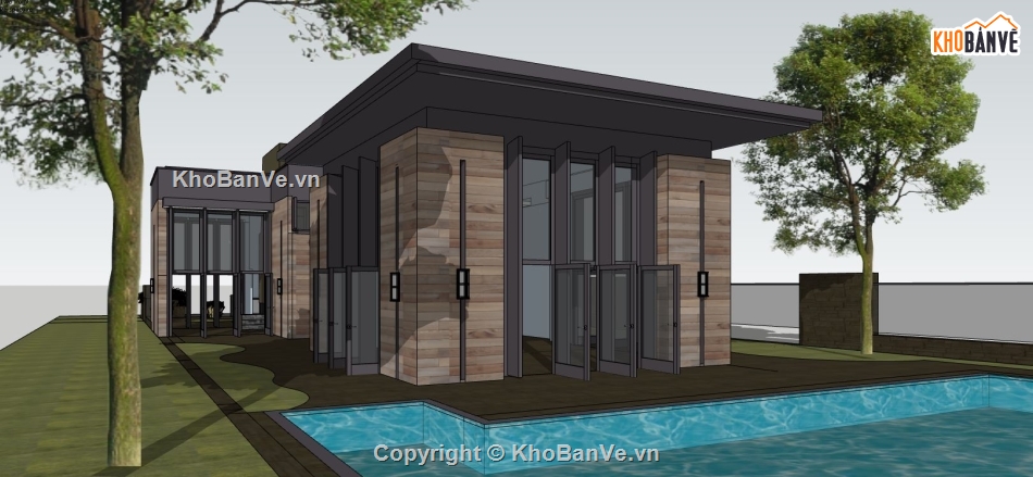 biệt thự 1 tầng,file su biệt thự,file sketchup 1 tầng