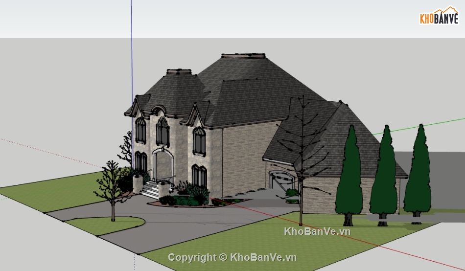 biệt thự phong cách châu âu 2 tầng,file su thiết kế biệt thự,nhà biệt thự 2 tầng dựng model su