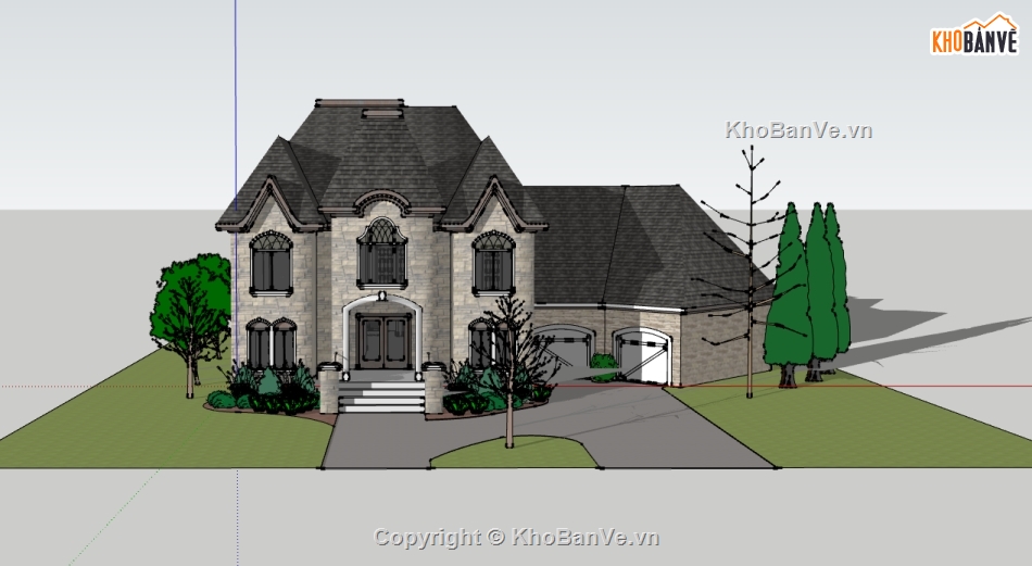 biệt thự phong cách châu âu 2 tầng,file su thiết kế biệt thự,nhà biệt thự 2 tầng dựng model su