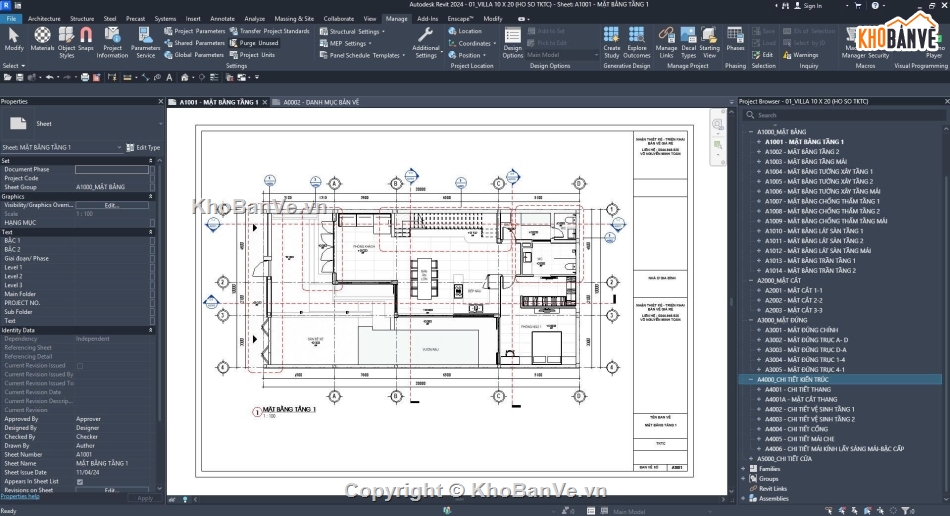 Bản vẽ thi công,Biệt thự 2 tầng,Biệt thự 2 tầng kích thước 10x20m,Revit biệt thự 2 tầng