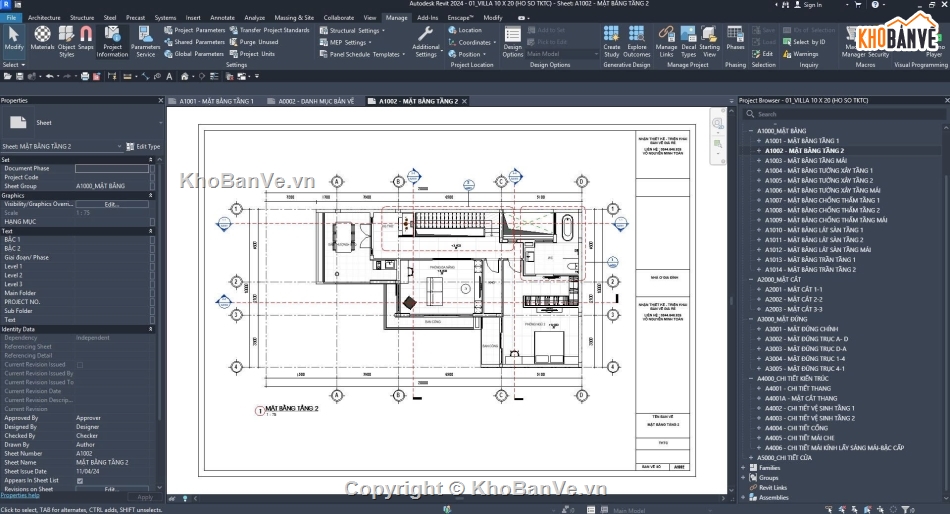 Bản vẽ thi công,Biệt thự 2 tầng,Biệt thự 2 tầng kích thước 10x20m,Revit biệt thự 2 tầng