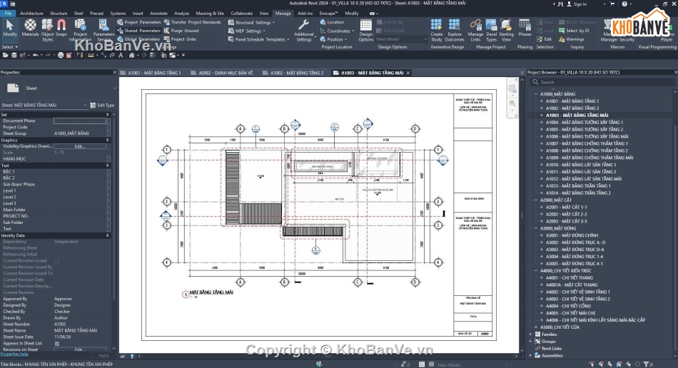 Bản vẽ thi công,Biệt thự 2 tầng,Biệt thự 2 tầng kích thước 10x20m,Revit biệt thự 2 tầng