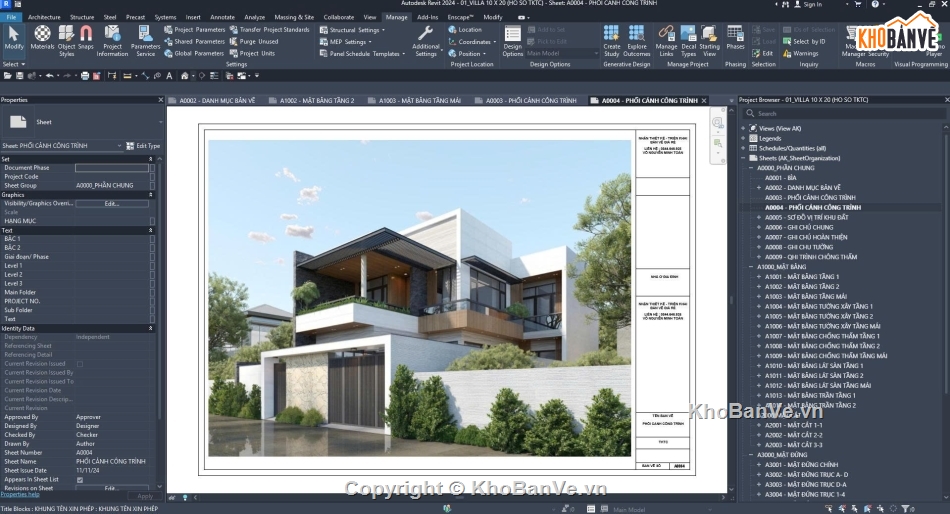 Bản vẽ thi công,Biệt thự 2 tầng,Biệt thự 2 tầng kích thước 10x20m,Revit biệt thự 2 tầng
