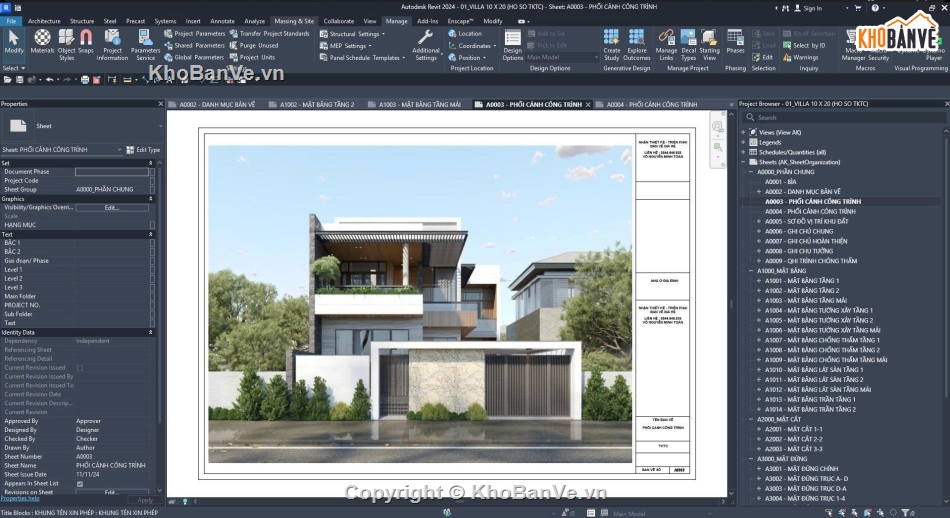 Bản vẽ thi công,Biệt thự 2 tầng,Biệt thự 2 tầng kích thước 10x20m,Revit biệt thự 2 tầng