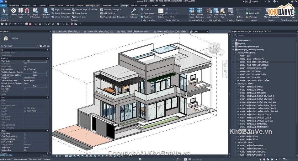 Bản vẽ thi công,Biệt thự 2 tầng,Biệt thự 2 tầng kích thước 10x20m,Revit biệt thự 2 tầng