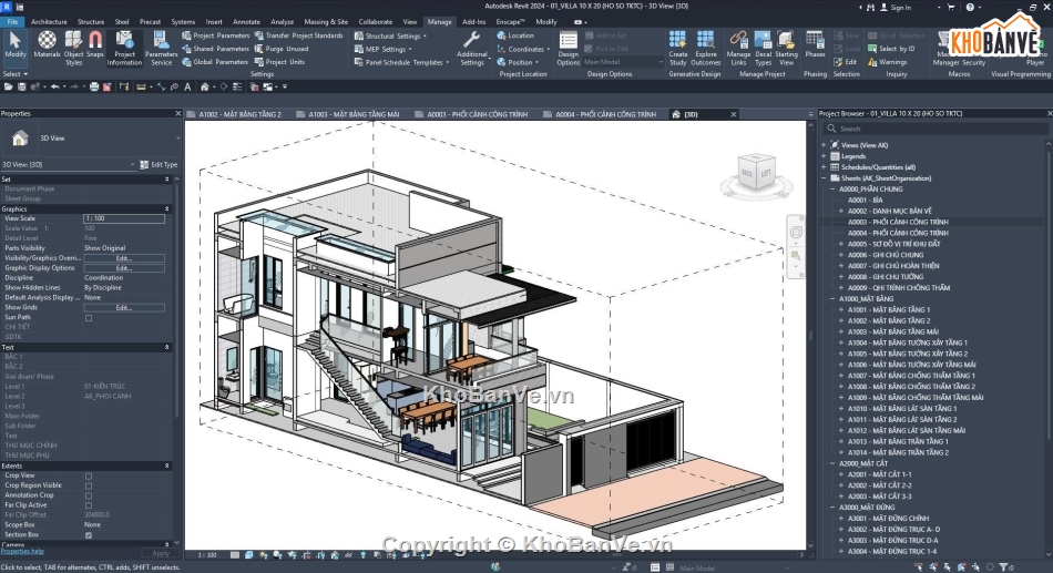 Bản vẽ thi công,Biệt thự 2 tầng,Biệt thự 2 tầng kích thước 10x20m,Revit biệt thự 2 tầng