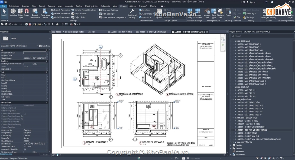 Bản vẽ thi công,Biệt thự 2 tầng,Biệt thự 2 tầng kích thước 10x20m,Revit biệt thự 2 tầng
