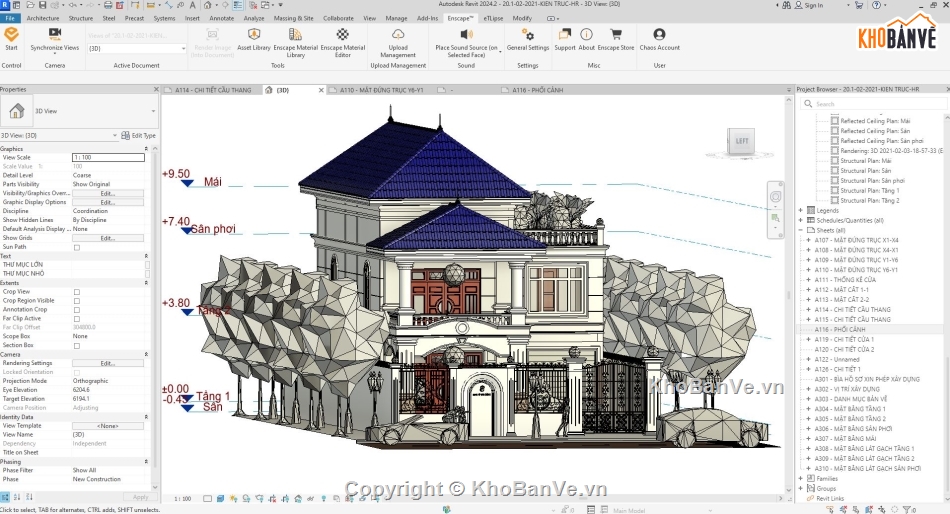 Biệt thự 3 tầng,Biệt thự 3 tầng đẹp,Biệt thự sân vườn 3 tầng,revit biệt thự