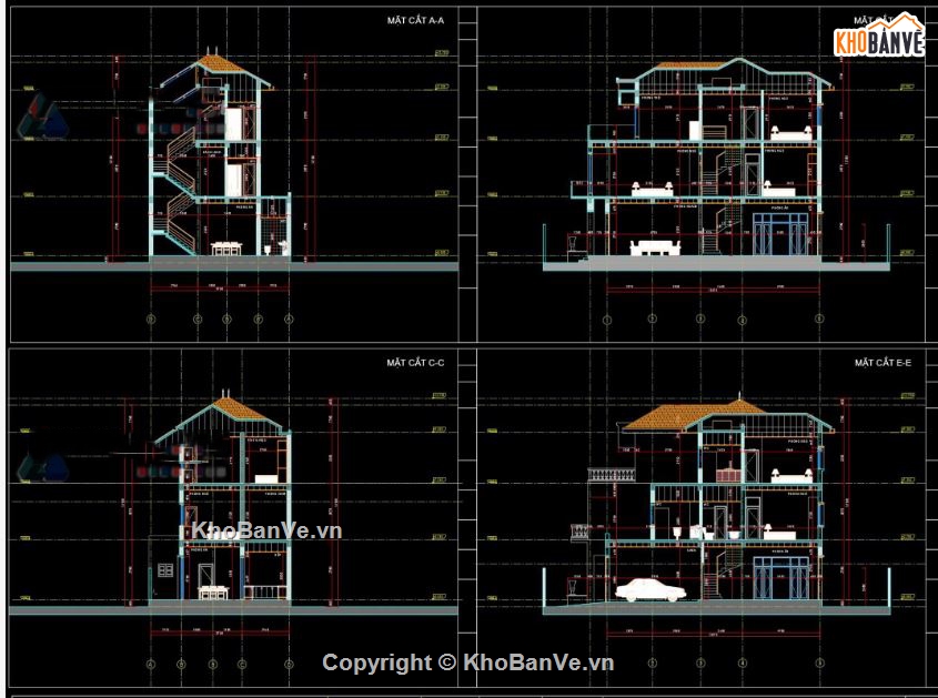 Biệt thự,file cad biệt thự 3 tầng,mẫu biệt thự 3 tầng
