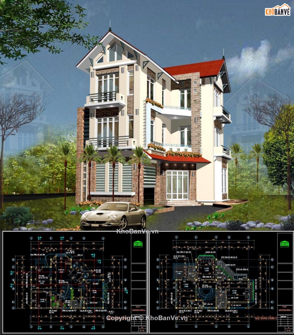 Biệt thự,kiến trúc biệt thự 3 tầng,file biệt thự 3 tầng