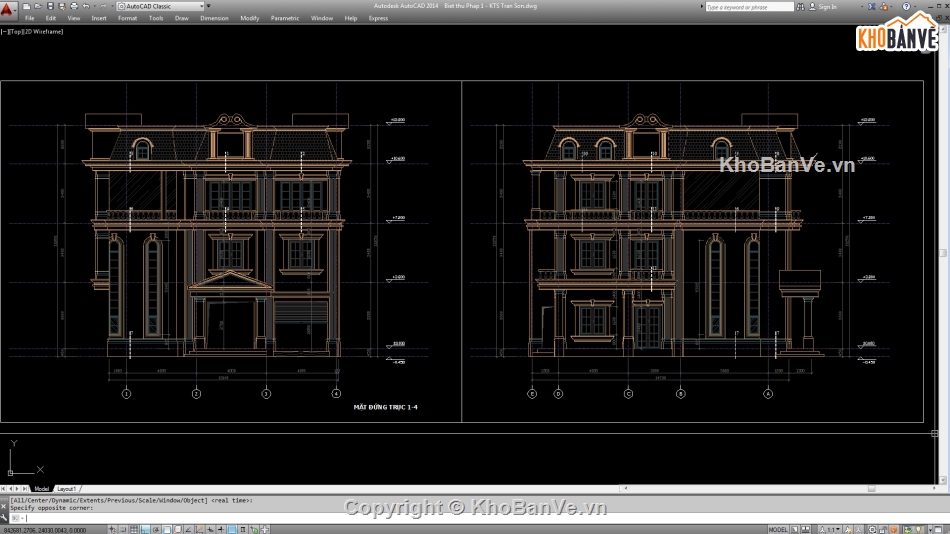 Biệt thự,Biệt thự 3 tầng,file cad biệt thự 3 tầng