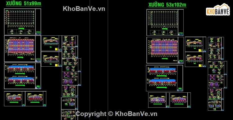 bản vẽ kết cấu nhà xưởng,chi tiết khung kèo zamil,xưởng 51x99m,xưởng 53x102m,kết cấu nhà xưởng