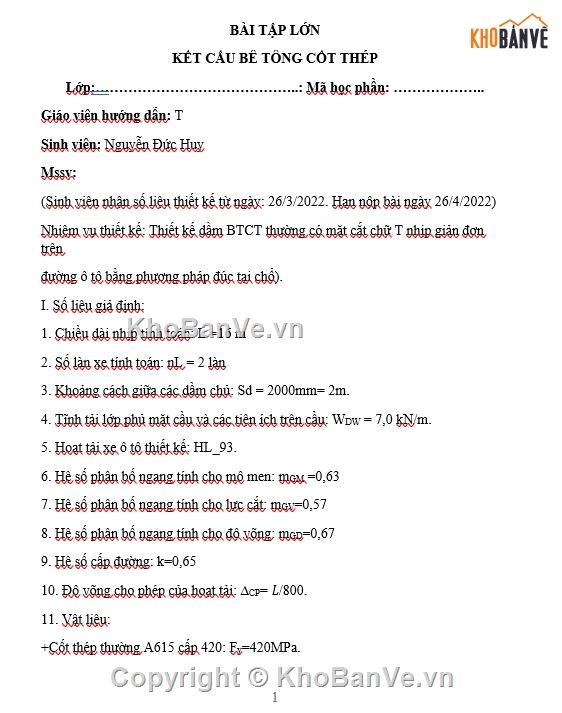 ĐỒ ÁN BÊ TÔNG CỐT THÉP,BÀI TẬP LỚN BÊ TÔNG CỐT THÉP,BÊ TÔNG CỐT THÉP TRƯỜNG GTVT