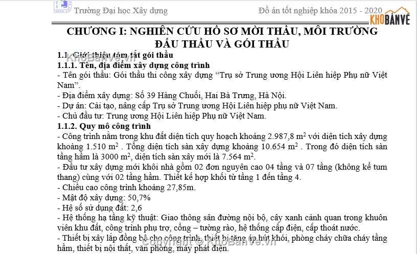 Đồ án tốt nghiệp,Kinh tế xây dựng,Nuce,Lập HSDT gói thầu thi công,Đồ án,Hồ sơ thầu