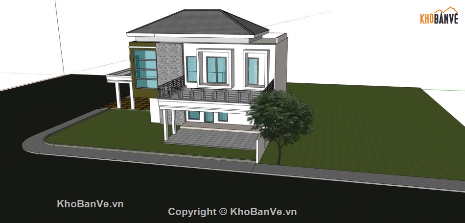 phối cảnh biệt thự 2 tầng,biệt thự 2 tầng,file sketchup biệt thự 2 tầng,thiết kế biệt thự 2 tầng