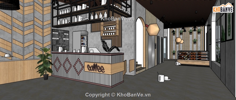 sketchup quán cafe,quán cafe sketchup,mẫu quán cafe đẹp,model su quán cafe