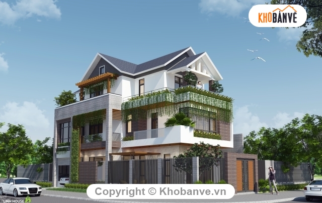 biệt thự 3 tầng,Phối cảnh biệt thự 3 tầng,biệt thự đẹp 3 tầng,Sketchup 3 tầng