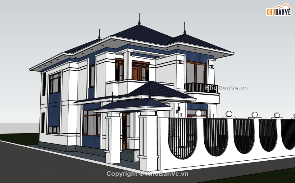 biệt thự 2 tầng dựng sketchup,file su dựng biệt thự 2 tầng,model su biệt thự 2 tầng,phối cảnh 3d su biệt thự 2 tầng