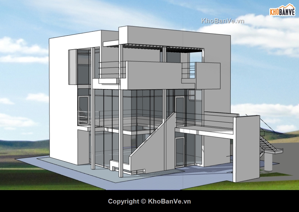 văn phòng 3 tầng dựng 3d su,sketchup nhà làm việc,model su nhà 3 tầng