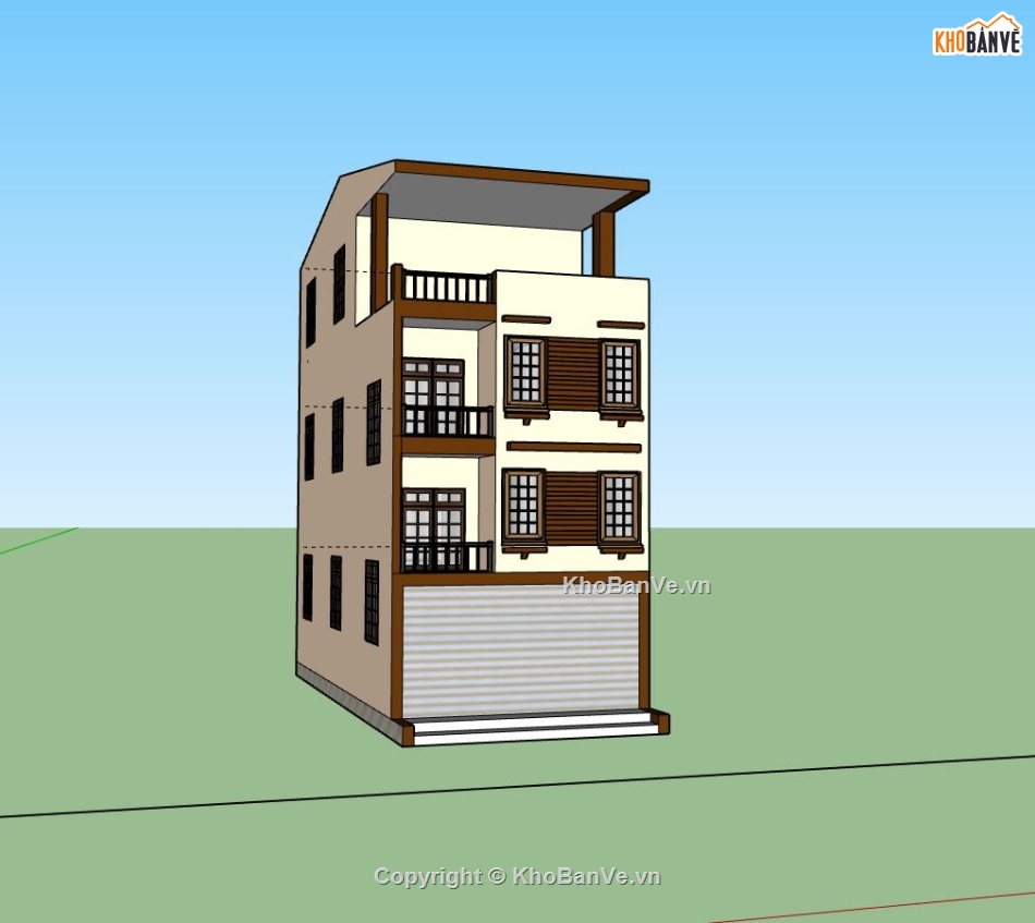 nhà phố 3 tầng,file sketchup nhà phố 3 tầng,phối cảnh nhà phố 4 tầng,model nhà phố 4 tầng