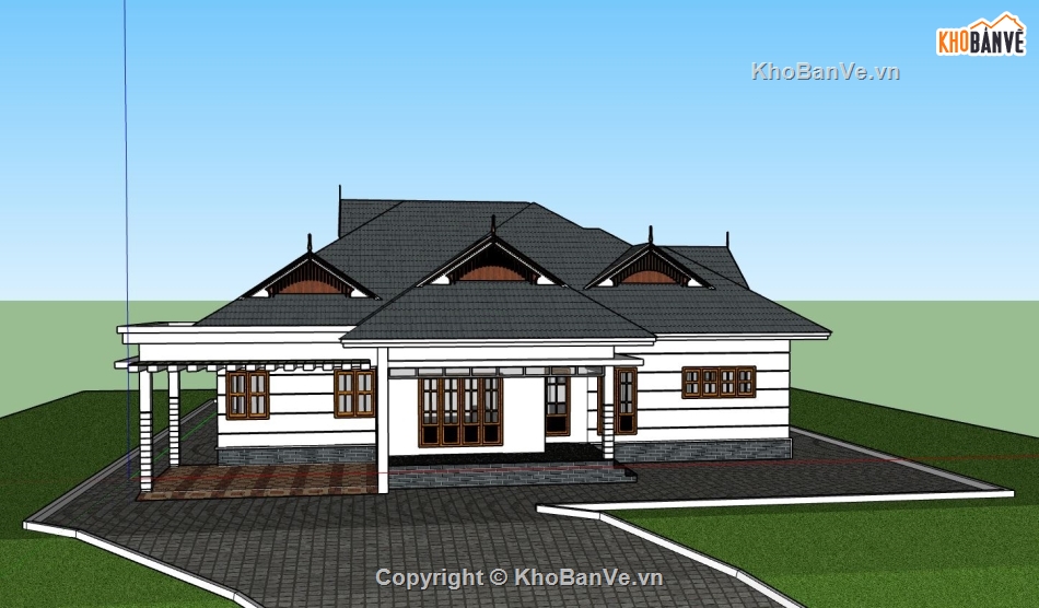 biệt thự 1 tầng,biệt thự sketchup,phối cảnh biệt thự 1 tầng,file sketchup biệt thự 1 tầng