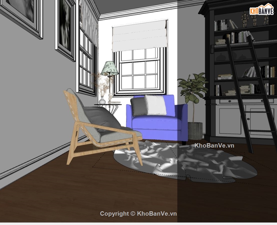 Sketchup nội thất phòng đọc sách,phòng đọc sách,model su phòng đọc sách