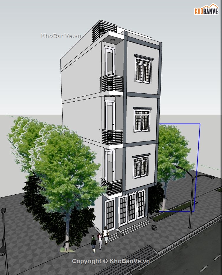 nhà phố 4 tầng,phối cảnh nhà phố 4 tầng,mẫu sketchup nhà phố 4 tầng