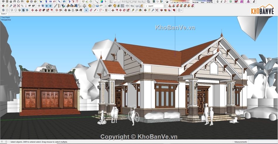 sketchup nhà  1 tầng,file sketchup nhà biệt thự 1 tầng,nhà 1 tầng dựng file sketchup,biệt thự 1 tầng 12x14m