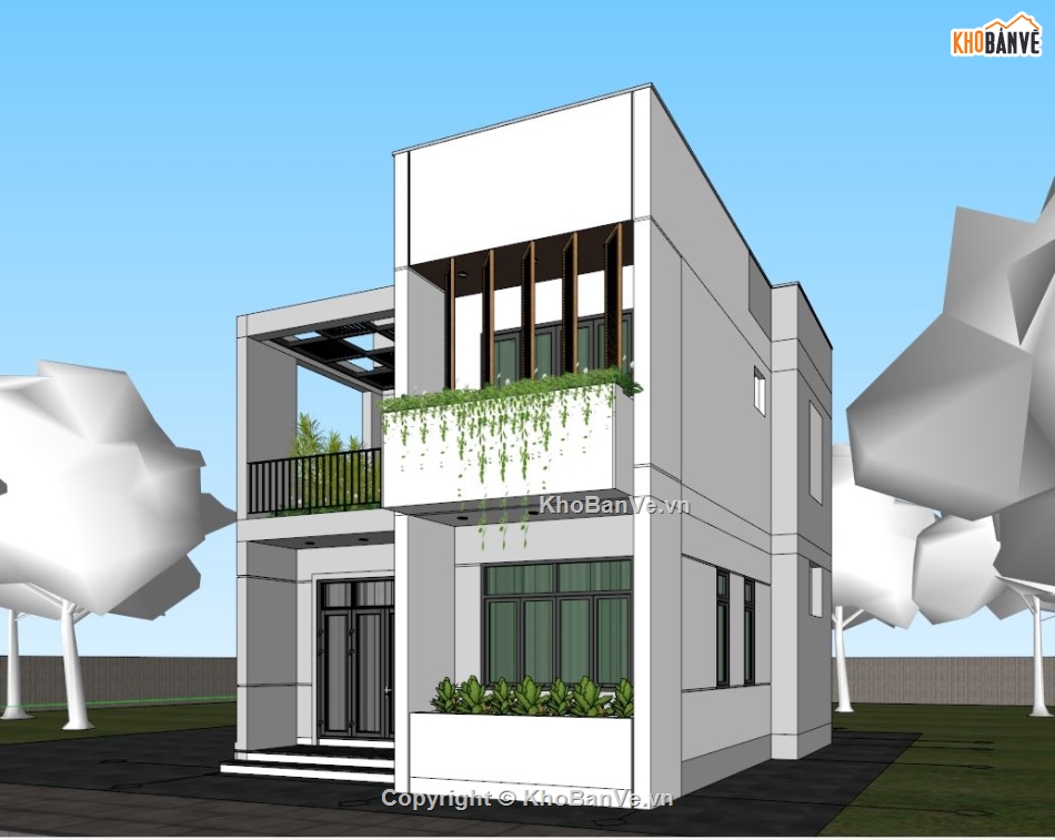 file sketchup nhà 2 tầng,nhà ở 2 tầng mái bằng,model su nhà  2 tầng 7.5x9m,mẫu biệt thự mái bằng sketchup