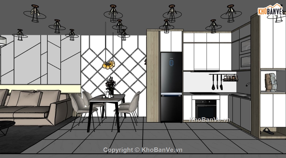 Nội thất phòng khách bếp,sketchup phòng khách,phòng bếp sketchup,Phòng bếp model su