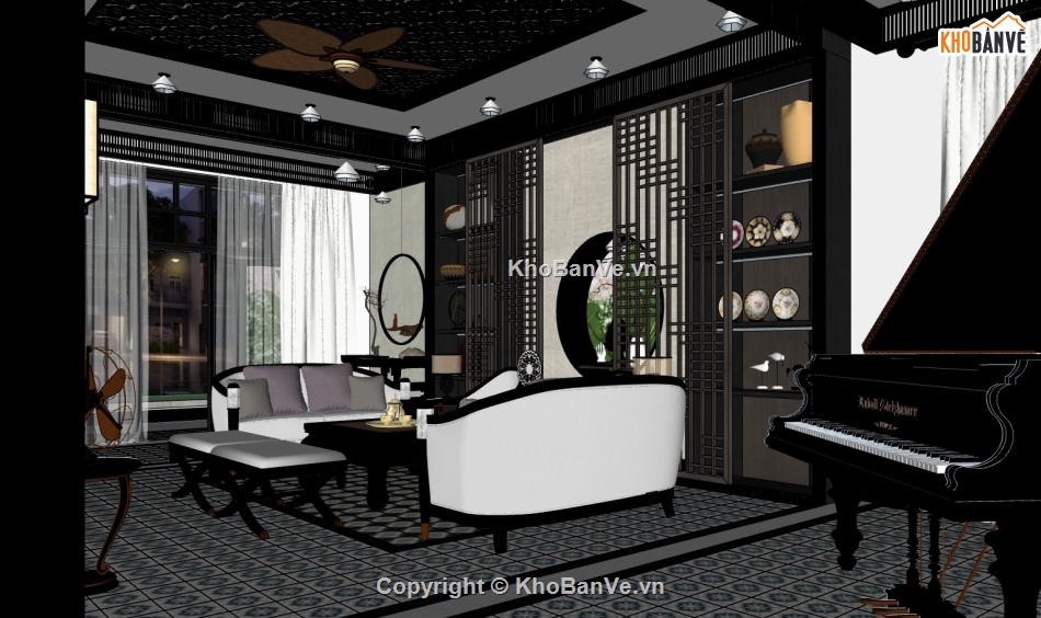 sketchup nội thất phòng khách bếp,nội thất phòng bếp model sketchup,sketchup nội thất indochine,nội thất phòng khách và bếp