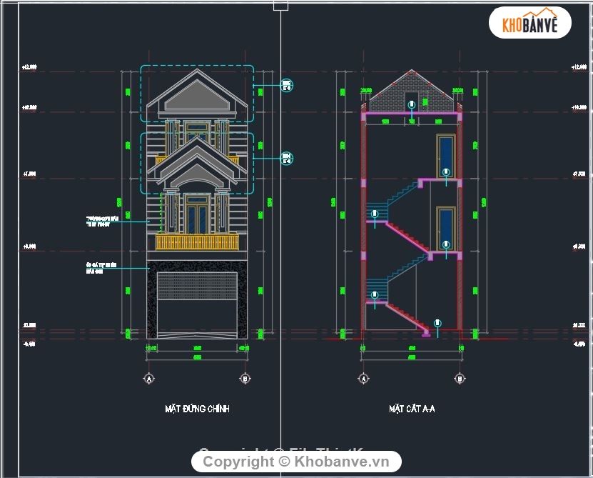 CAD bản vẽ nhà phố 3 tầng,File cad kiến trúc 3 tầng 5x22m,File cad thiết kế nhà 3 tầng,Auotocad kết cấu nhà phố,Cad nhà mái thái 3 tầng 5x22m