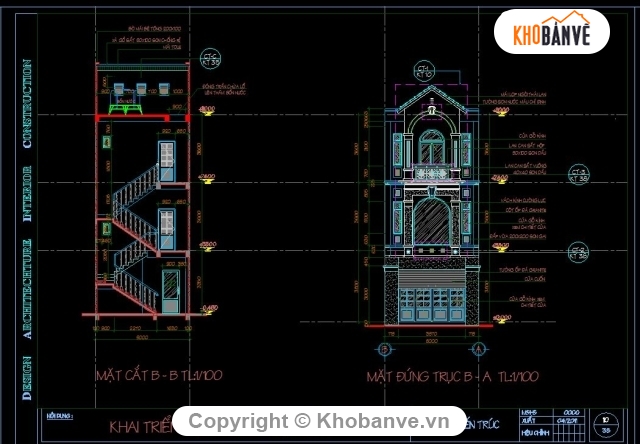 kiến trúc 3 tầng,nhà 3 tầng,bản vẽ nhà 3 tầng đủ kết cấu,file nhà 3 tầng