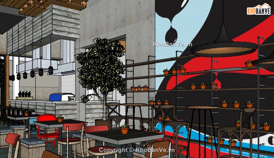 sketchup quán cafe,thiết kế quán cafe,mặt bằng quán cà phê