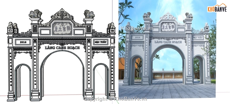 thiết kế cổng làng,Mẫu cổng làng,cổng làng 3 cửa,su cổng làng