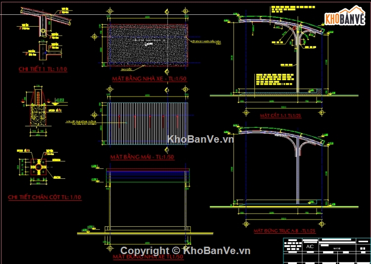 File CAD Bản vẽ 5 mẫu thiết kế nhà để xe 5x15m ; 3x6m ; 3x10m ...