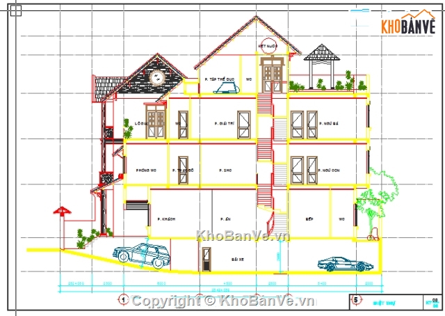 bản vẽ kiến trúc nhà 5 tầng,bản vẽ nhà 5 tầng,biệt thự 5 tầng 9x19m