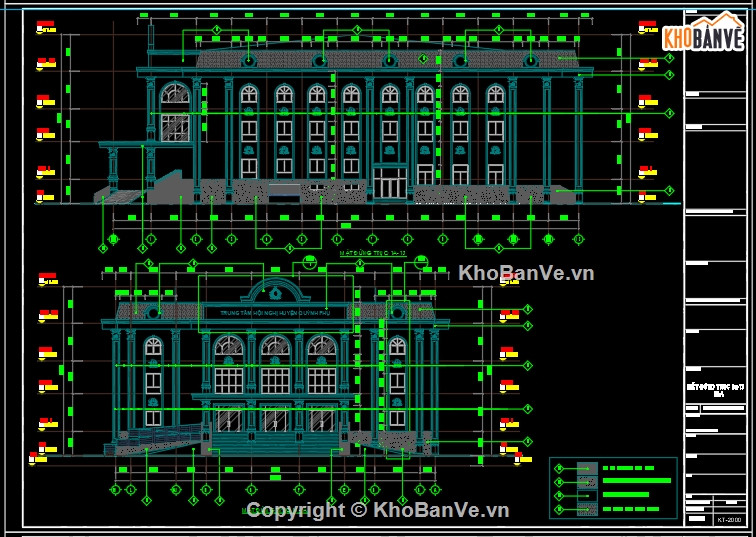 thiết kế nhà hội nghị file cad,file autocad nhà hội nghị huyện,Bản vẽ autocad nhà hội nghị huyện,kiến trúc nhà hội nghị 3 tầng