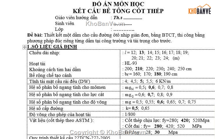 Đồ án BTCT,đồ án BTCT 1,DA BTCT – Dầm T L=13m
