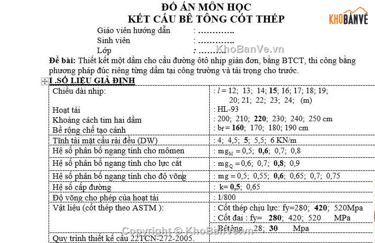 Đồ án BTCT,đồ án BTCT 1,Đồ án