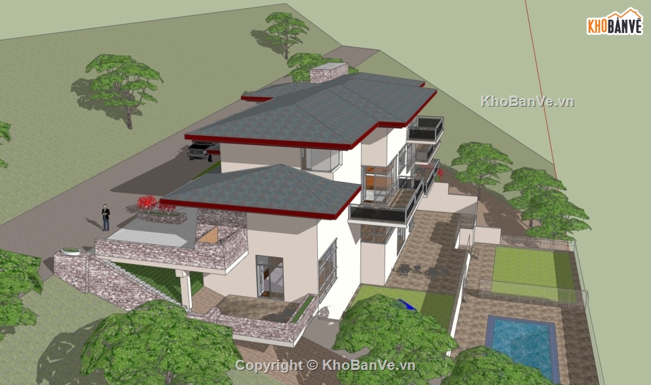 villa 4 tầng,mẫu sketchup villa 4 tầng,file su biệt thự 4 tầng,Phối cảnh villa 4 tầng