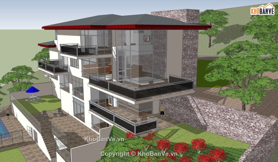 villa 4 tầng,mẫu sketchup villa 4 tầng,file su biệt thự 4 tầng,Phối cảnh villa 4 tầng