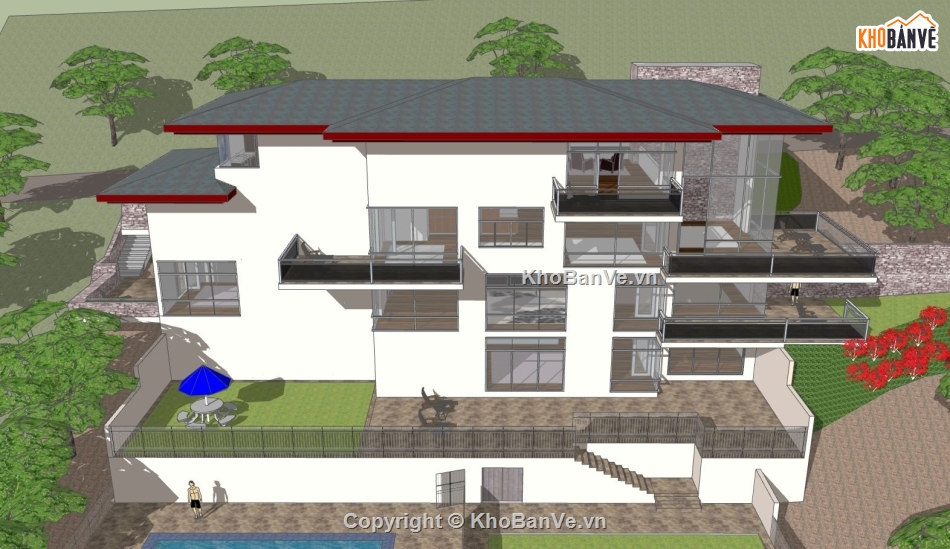 villa 4 tầng,mẫu sketchup villa 4 tầng,file su biệt thự 4 tầng,Phối cảnh villa 4 tầng