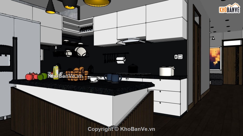 sketchup nội thất bếp,Model sketchup nội thất,nội thất khách bếp,Model nội thất