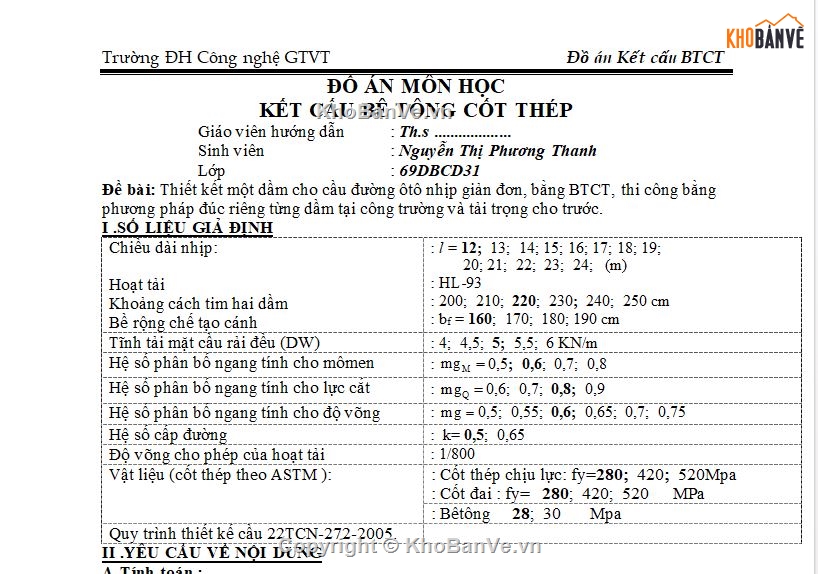 đồ án BTCT 1,đồ án BTCT – Dầm T L=12m,đồ án