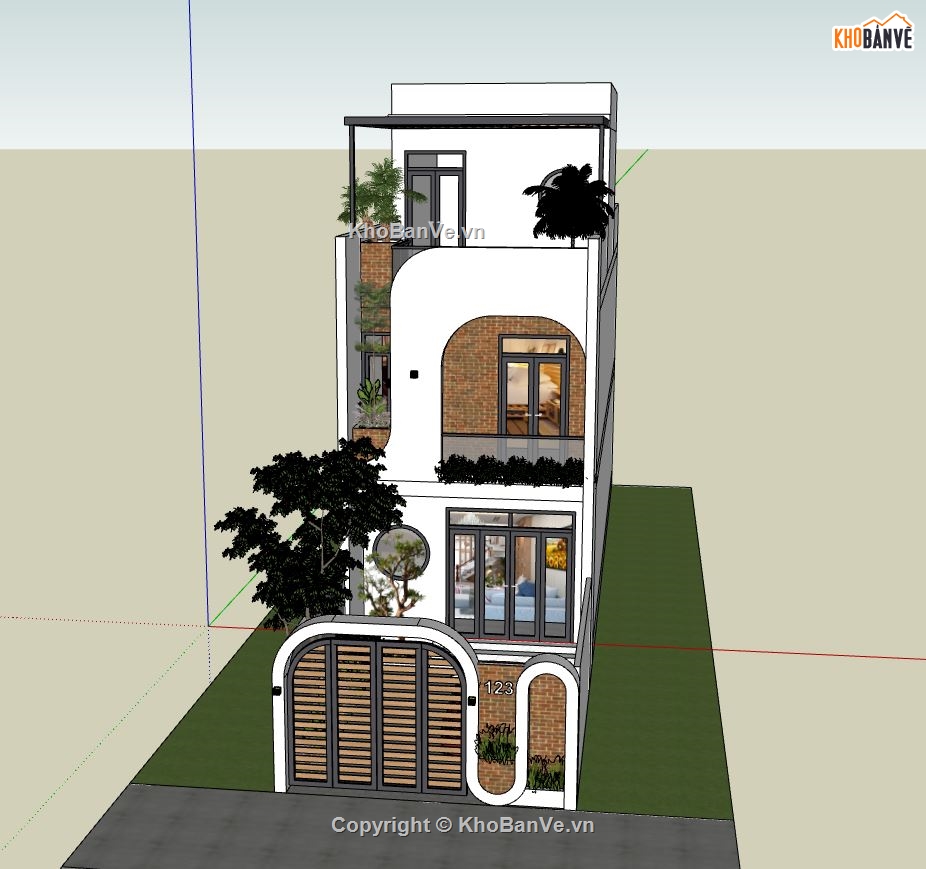 nhà phố 3 tầng,sketchup nhà phố 3 tầng,phối cảnh nhà phố 3 tầng