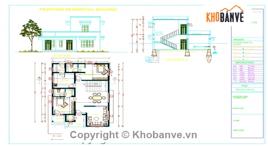 nhà gia đình,bản vẽ nhà ở,file cad nhà ở 2 tầng,nhà 2 tầng giật cấp,2 tầng kt 9.2x12.3m