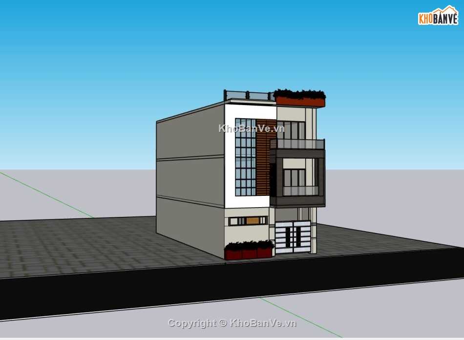 nhà phố 3 tầng,sketchup nhà phố 3 tầng,nhà phố hiện đại