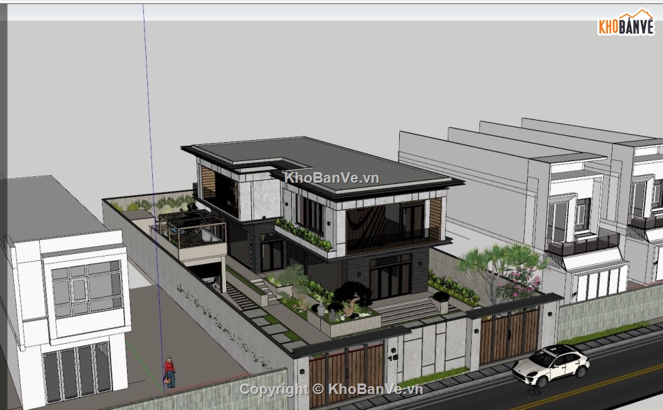 nhà phố 2 tầng,3D nhà phố 2 tầng,nhà 2 tầng,sketchup nhà phố 2 tầng